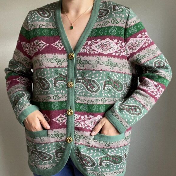 Vintage 80s Womens Pink Green Paisley Striped Oversized Grandma Cardigan Sz L - Picture 1 of 11